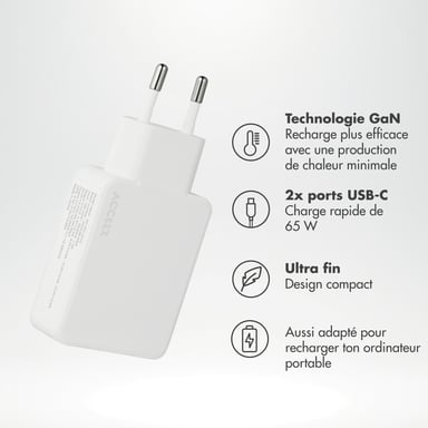 Accezz Chargeur GaN Ultra Slim - 2x USB-C - 65 W - Blanc