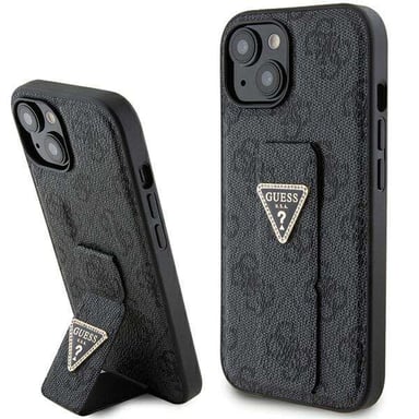 Custodia Guess per iPhone 15 6.1'' nero Custodia rigida Grip Stand 4G Triangolo Strass