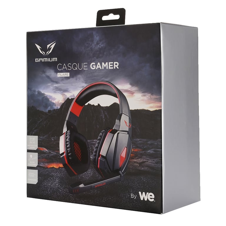 Gamium Micro Casque Gaming PC Filaire Ultra-Léger Stéréo LED Lumineux Rouge avec Micro ajustable télécommande et cable de 2,2m en nylon tressé - Connecteurs Jack 3.5mm - Noir et Rouge