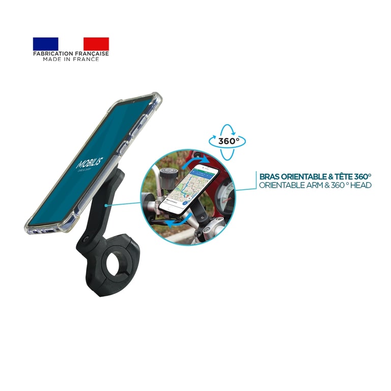 Support Smartphone pour Vélo, Porte Téléphone Universel Fabriqué en France,  Rotation 360°, Fixation Mécanique Sécurisée, Noir