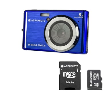 AGFAPHOTO Realishot DC5200 – Cámara Digital Compacta de 21 MP con Sensor CMOS, Pantalla LCD 2,4'', Zoom Digital 8×, Vídeo HD 720p + Tarjeta SD 32 GB + Funda Protectora – Azul