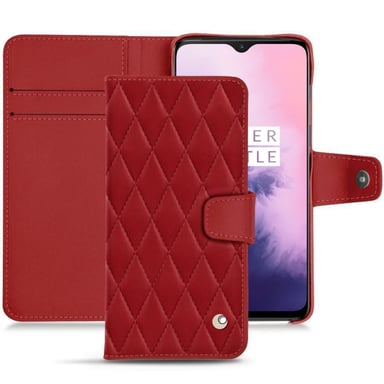 Funda de piel OnePlus 7 - Solapa billetera - Rojo - Piel lisa cosida
