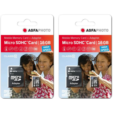 AgfaPhoto Pack 2 tarjetas de memoria microSDHC 10580 - Capacidad 16GB + 16GB - Negro