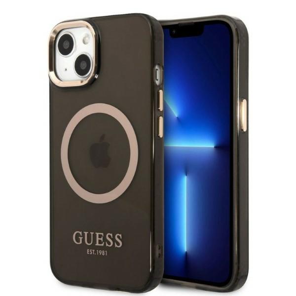 Guess Coque pour iPhone 13 - Gold Outline - Translucent - Compatible MagSafe - Souple