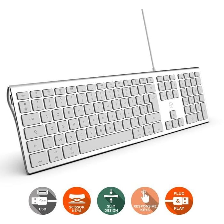 Clavier filaire MOBILITY LAB ML304304 Mac AZERTY ultra fin 2 ports USB touches ciseaux Blanc argent - Neuf