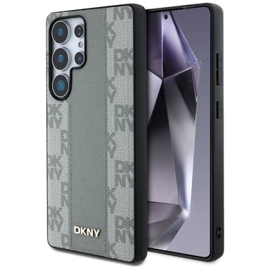Étui DKNY en cuir à motif à carreaux compatible MagSafe pour S25 Ultra, couleur taupe