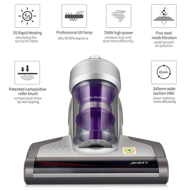 JIMMY JV35 Aspirador Antiácaros 700 W con Esterilización UV-C, Aire Caliente 60°C, Filtración Ciclónica Doble y Cepillo Anti-enredos – Ideal para Colchones, Sofás y Tejidos