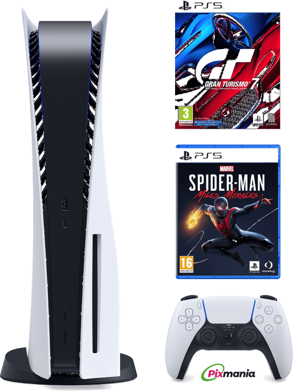 Pack Console PS5 Edition Standard + manette DualSense Blanc + Gran Turismo 7 + Spiderman