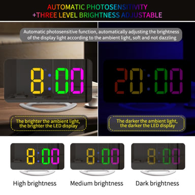 Despertador digital con superficie de espejo 3 niveles de brillo colores RGB