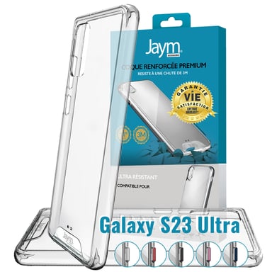 JAYM - Carcasa ultra rígida premium para Samsung Galaxy S23 Ultra - Certificado contra caídas desde 3 metros - Garantía de por vida - Transparente - 5 juegos de botones de colores incluidos