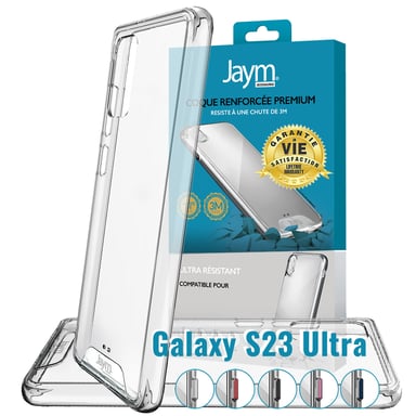 JAYM - Guscio Ultra rinforzato Premium per Samsung Galaxy S23 Ultra - Certificato 3 Metri di caduta? Garanzia a vita - Trasparente - 5 set di pulsanti colorati disponibili