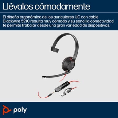 Poly Auriculares Blackwire 5210 monaural USB-C + conector de 3,5 mm + adaptador USB-C/A