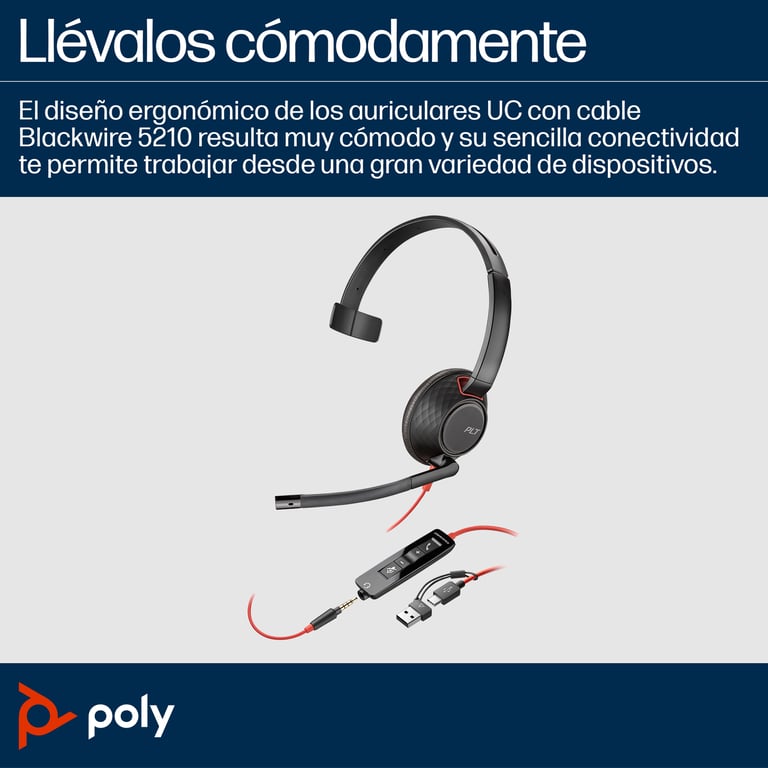 POLY Micro casque monaural USB C Blackwire 5210 + prise 3 5 mm + adaptateur USB CA Neuf - vue 3