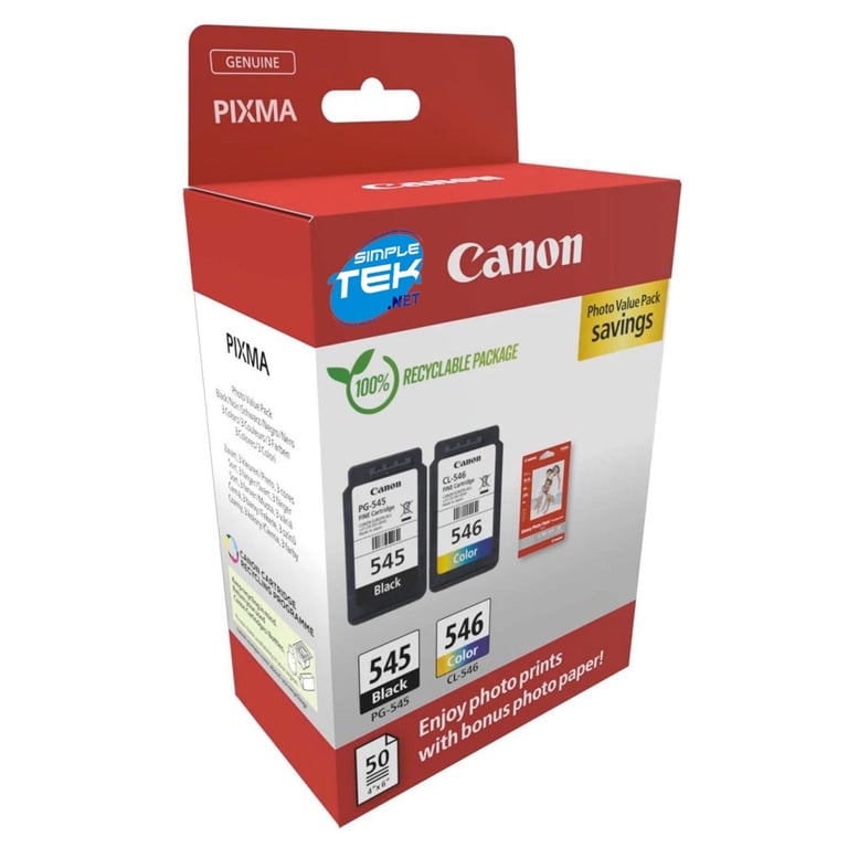 Canon PG-545/CL-546 Pack de 2 Cartouches d'Encre Originales + 50 Feuilles de Papier Photo - 8287B008 - Neuf