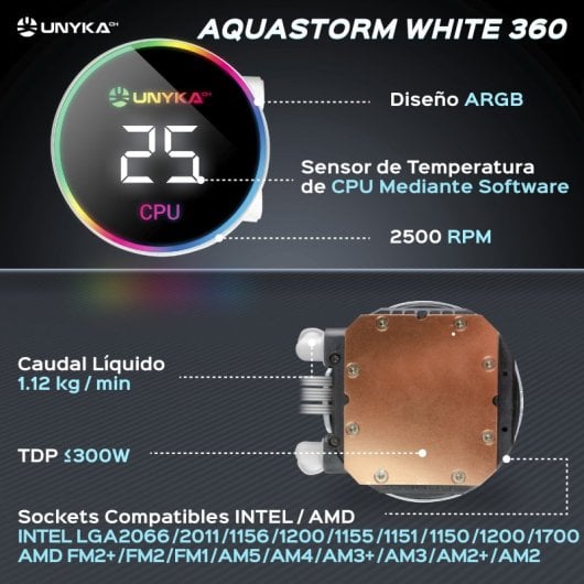 UNYKAch AquaStorm 360 RGB AIO Kit de Refrigeración Líquida Blanca - vue 4