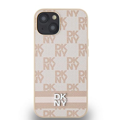 Custodia DKNY per iPhone 15 Plus 6,7'' rosa Custodia rigida in pelle con motivo mono a scacchi e strisce stampate
