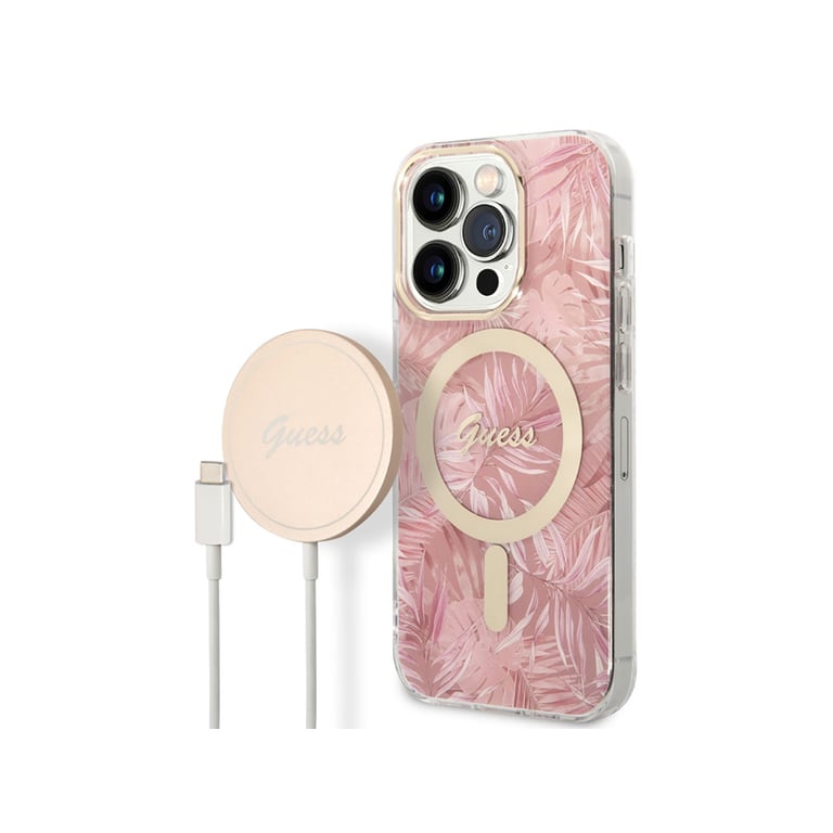 Guess Bundle Pack MagSafe IML Jungle - Set coque pour iPhone 14 Pro + chargeur MagSafe (Rose/Or) - 3666339103347