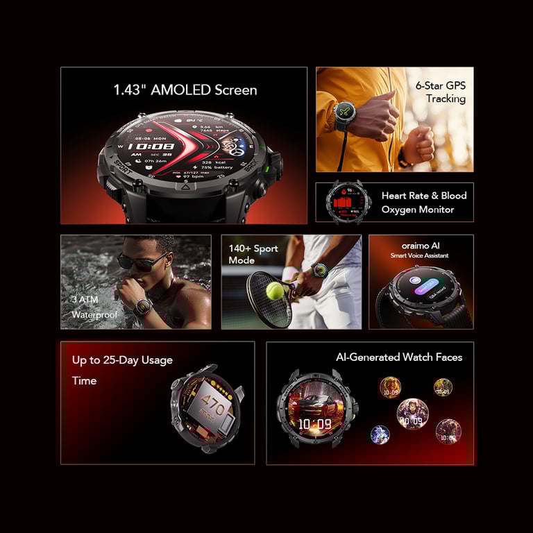 Montre Connectée oraimo Watch GT : GPS Satellite Écran AMOLED 1 43? et Autonomie de 25 Jours Neuf - vue 3