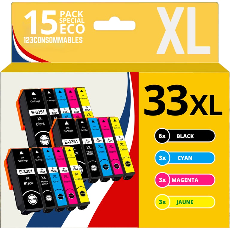 123CONSOMMABLES 33XL Pack 15 Cartouches d'encre Compatible pour Epson 33 pour Expression Premium XP 540 XP 530 XP 830 XP 7100 XP 900 XP 640 XP 630 XP 635 XP 645 Neuf