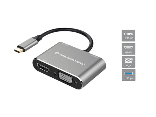 Conceptronic DONN16G base para portátil y replicador de puertos Alámbrico USB 3.2 Gen 1 (3.1 Gen 1) Type-C Negro, Plata