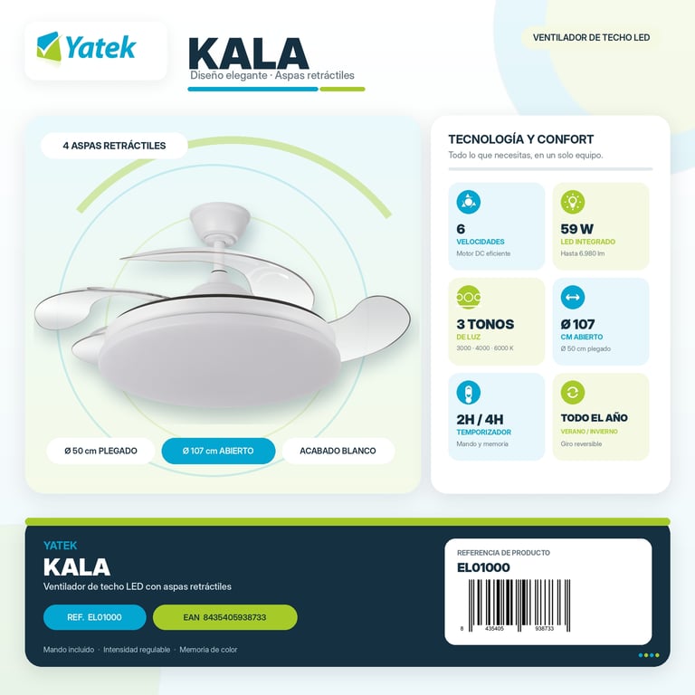 Ventilateur de plafond LED Yatek KALA pales retractables Neuf - vue 2