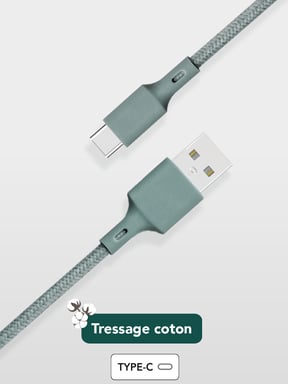 Câble Recyclable en coton USB A/USB C 2m Night Green Just Green
