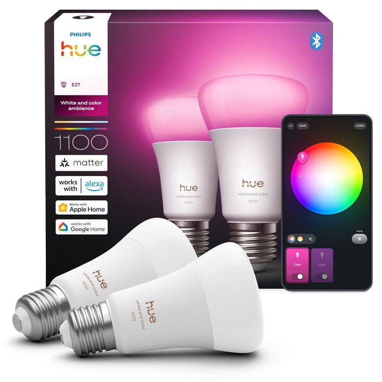 Ampoule connectée Philips Hue A60 E27 1100 lm blanc et couleur dimmable Pack de 2 Blanc mat - Neuf