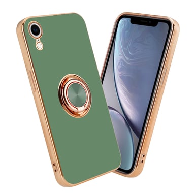 Coque pour Apple iPhone XR en Glossy Vert Clair - Or avec anneau Housse de protection Étui en silicone TPU flexible, avec protection pour appareil photo et support voiture magnétique