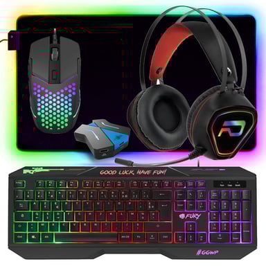 FURY HELLFIRE Pack Gamer 5 en 1 Teclado, Ratón, Alfombrilla, Auriculares y Conversor Switch PS4 XB1