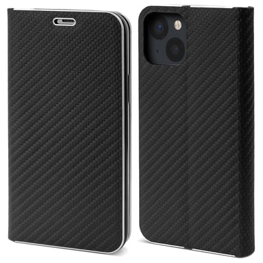 Moozy Wallet Case for iPhone 13, Carbon Black - Funda de solapa con borde metálico, cierre magnético, funda de solapa con tarjetero y función Kickstand