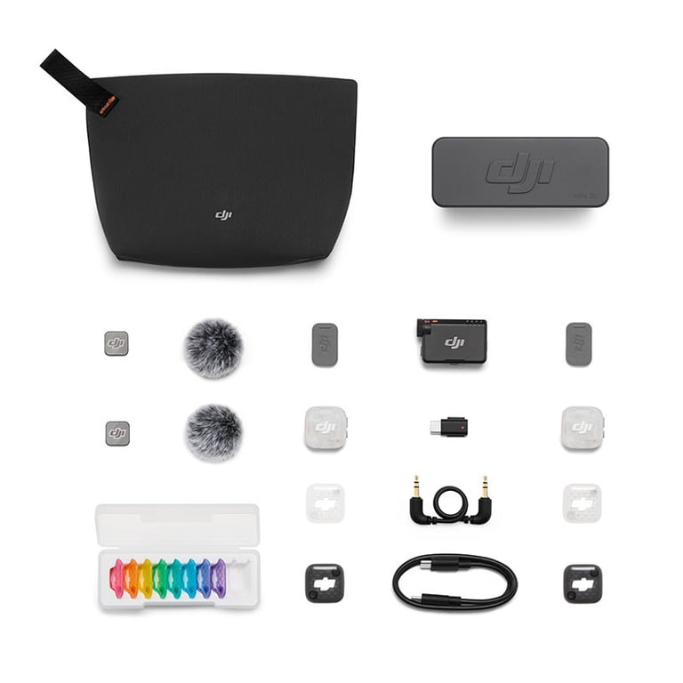 Microphone sans fil DJI Mic Mini 2S 2 émetteurs, récepteur, réduction du bruit IA, enregistrement interne, gris noir blanc - Neuf