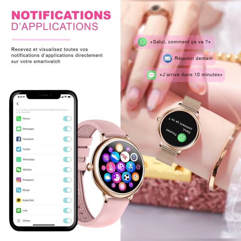 Montre Connectée Femme Or, Smartwatch Sport Etanche ,Podomètre Calorie,  Multifonctions ,Montre de Fitness avec 1 bracelet Rose offert . - Evetane