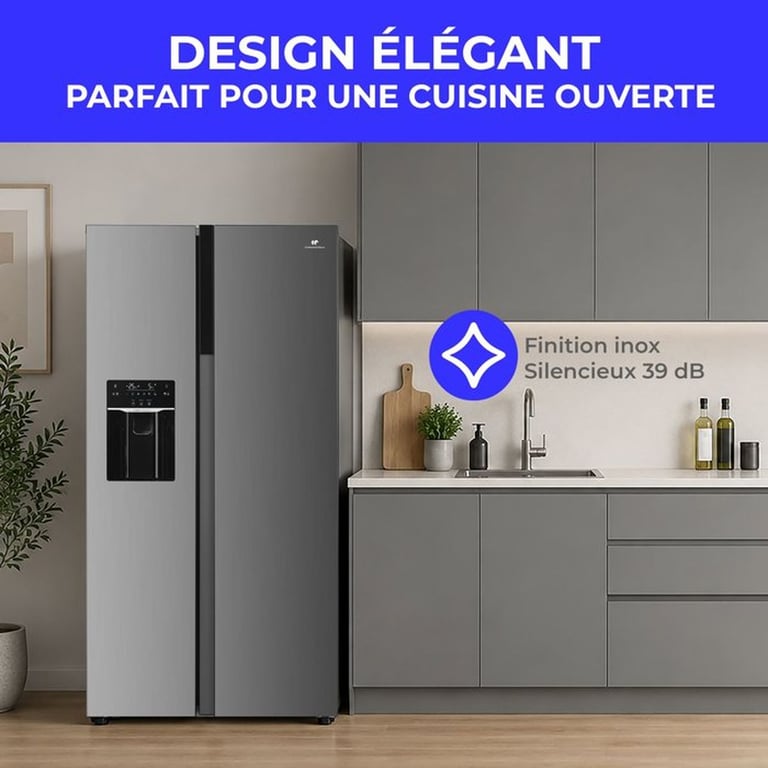 Réfrigérateur américain CONTINENTAL EDISON CERANF577NFIXD 577 Distributeur Classe D 91 x 73 x 177 cm Inox - vue 3