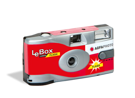 AGFA PHOTO 601020 - Cámara desechable con flash LeBox, 27 fotos, objetivo óptico de 31 mm - Gris y rojo