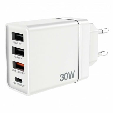 Cargador de Pared GaN Verbatim CHR-30EU2- 1xUSB Tipo-C- 3xUSB- 30W