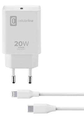 Cellularline USB-C Charger Kit 20W - USB-C to Lightning - iPad (2020) Chargeur secteur USB-C 20W pour recharger à la vitesse maximale les iPads (2020) avec câble USB-C vers Lightning.