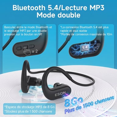 ROLINE Casque à Conduction Osseuse Bluetooth 5.4 IPX8 MP3 8Go Sport Noir