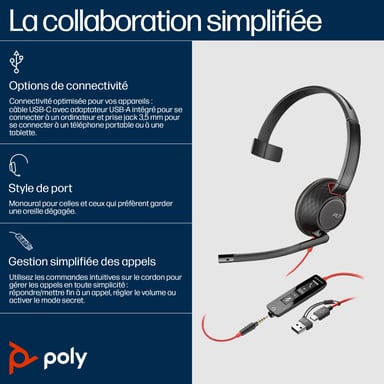Poly Auriculares Blackwire 5210 monaural USB-C + conector de 3,5 mm + adaptador USB-C/A