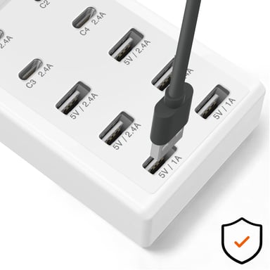 Station de Charge Multiport 4 USB-C + 6 USB 50W Câble 1m Compact Blanc