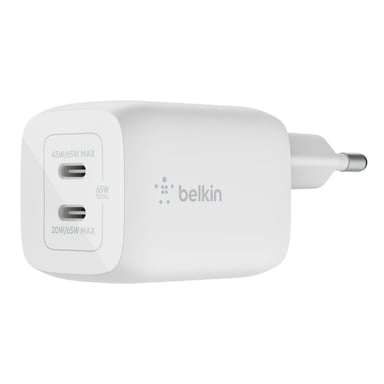 Cargador doble USB-C de 65 W de Belkin, carga rápida Power Delivery 3.0 con tecnología GaN para iPhone 14, iPhone 13, Pro, Pro Max, Mini, iPad Pro, MacBook, Galaxy S23, S22 y más.