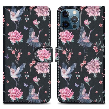 Coque pour Apple iPhone 13 PRO Design Grue & Fleurs No. 9 Housse de protection Étui avec fermeture magnétique, fonction de support et compartiment pour carte