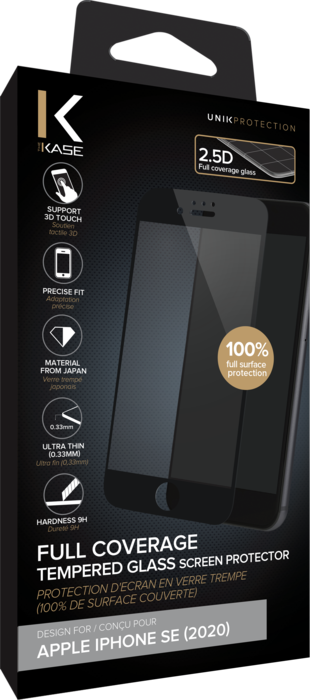 Protection d'écran en verre trempé (100% de surface couverte) pour iPhone 6/6S/7/8/SE 2020, Noir