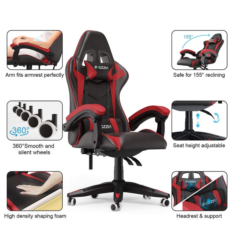 Chaise de jeu inclinable à dossier haut en cuir PU avec appui tête et support lombaire Neuf - vue 9