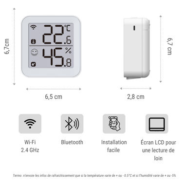 Konyks Termo 2, Termómetro e higrómetro con conexión Wi-Fi, Pantalla grande, Lectura a distancia, Activa otros dispositivos Konyks en función de las mediciones, Compatible con Alexa y Google Home.