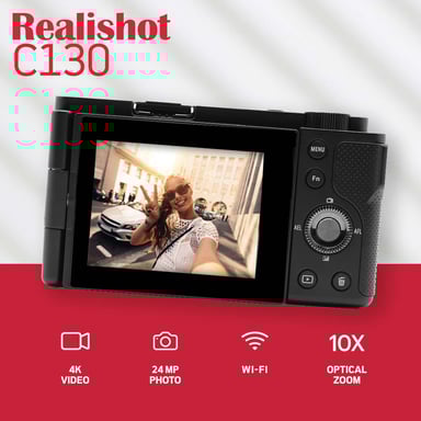 AgfaPhoto Realishot C130 – Appareil Photo Numérique Compact 16 MP avec Capteur CMOS, Écran Tactile LCD 2,8'', Stabilisation d'Image, Autofocus, Zoom, Batterie Rechargeable + Carte SD 64Go + Étui – Noir
