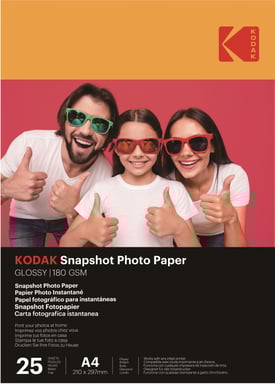 KODAK Instant Photo Papers - Paquete de 25 hojas de papel fotográfico - Formato 21 x 29,7 cm (A4) - Acabado brillante - 180 g/m² - Compatible con impresoras de inyección de tinta ''