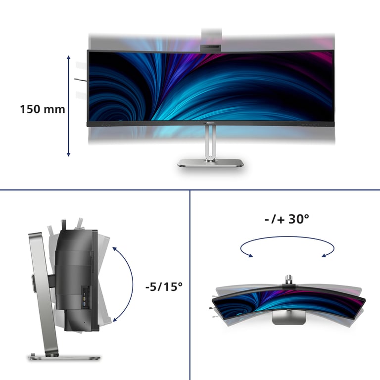 Philips 49B2U5900CH 49 Pouces QHD Curved Monitor 75Hz VA 4ms HDR400 KVM Webcam Réglable en Hauteur Station d'accueil USB C Haut parleurs 5120 x 1440 HDMI 2.0 / DP 1.4 / USB C 1 - vue 3