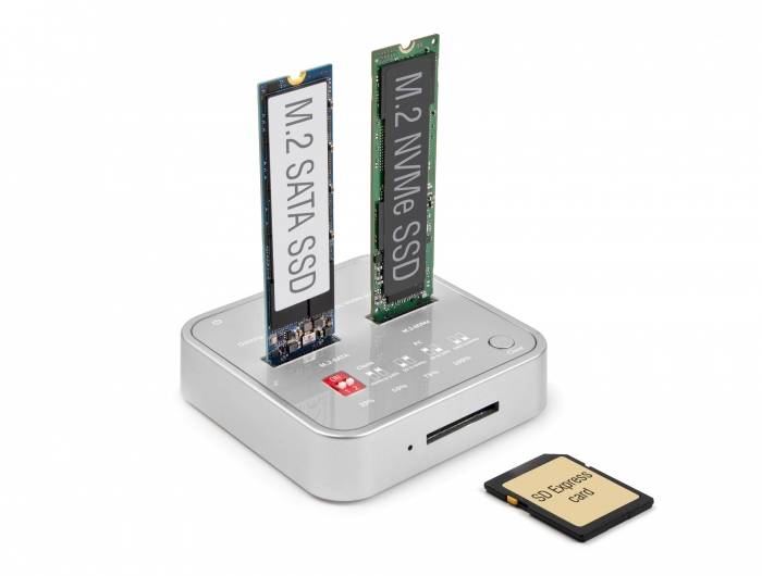 DeLOCK Station d'accueil pour 1 x .2 NVMe SSD + 1 x .2 SATA SSD avec lecteur de carte SD Express SD 7.1 et fonction Clone Neuf - vue 3