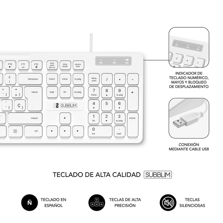 SUBBLIM SUBKBC-CSSK02 clavier Souris incluse Universel USB QWERTY Espagnole Blanc - Neuf