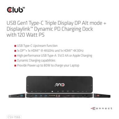 CLUB3D CSV-1566 base para portátil y replicador de puertos Acoplamiento USB 3.2 Gen 1 (3.1 Gen 1) Type-C Negro